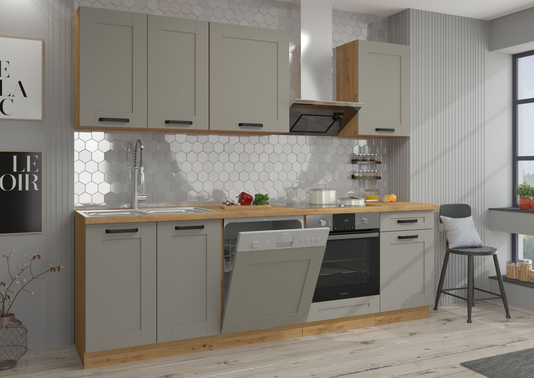 Kuchyňa LALE kašmírovo sivá s korpusom dub artisan